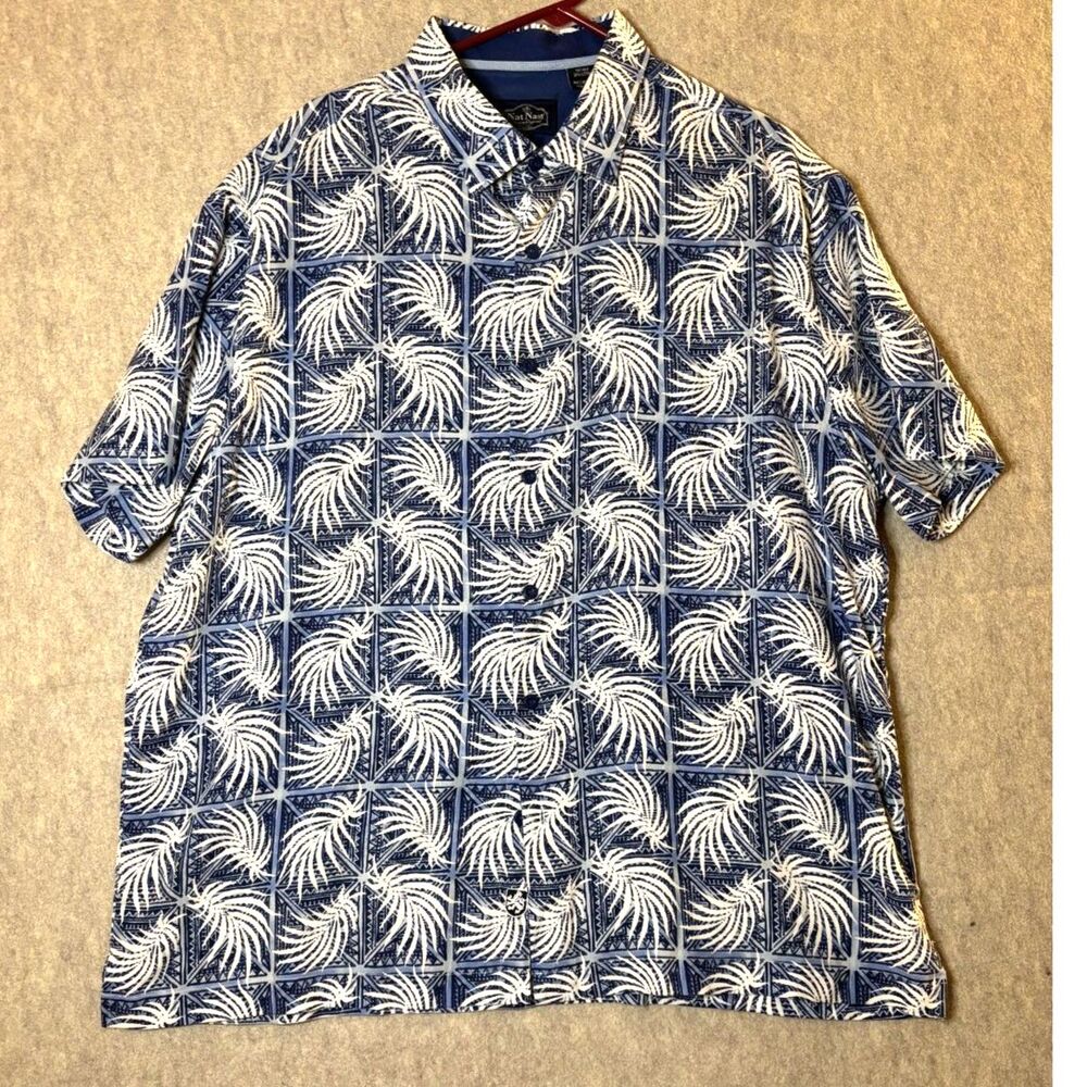 Nat Nast Luxury Men’s XL 70% Silk Blue Tropical Leaf Geometric Button Up Shirt